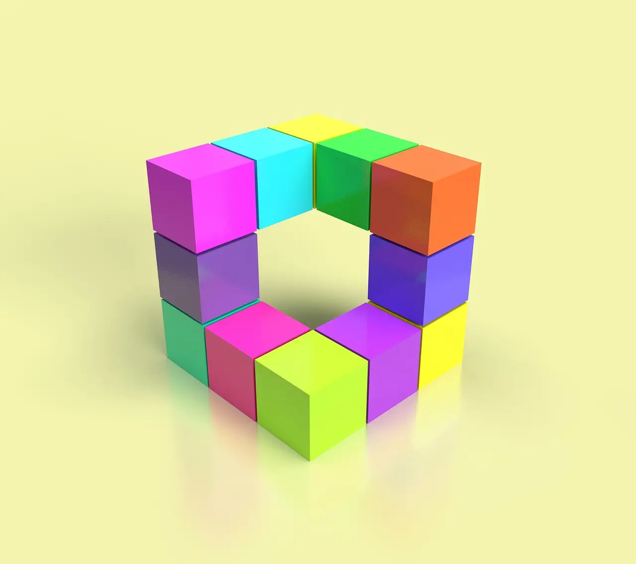 Brightly coloured 3D cubes arranged as a square frame