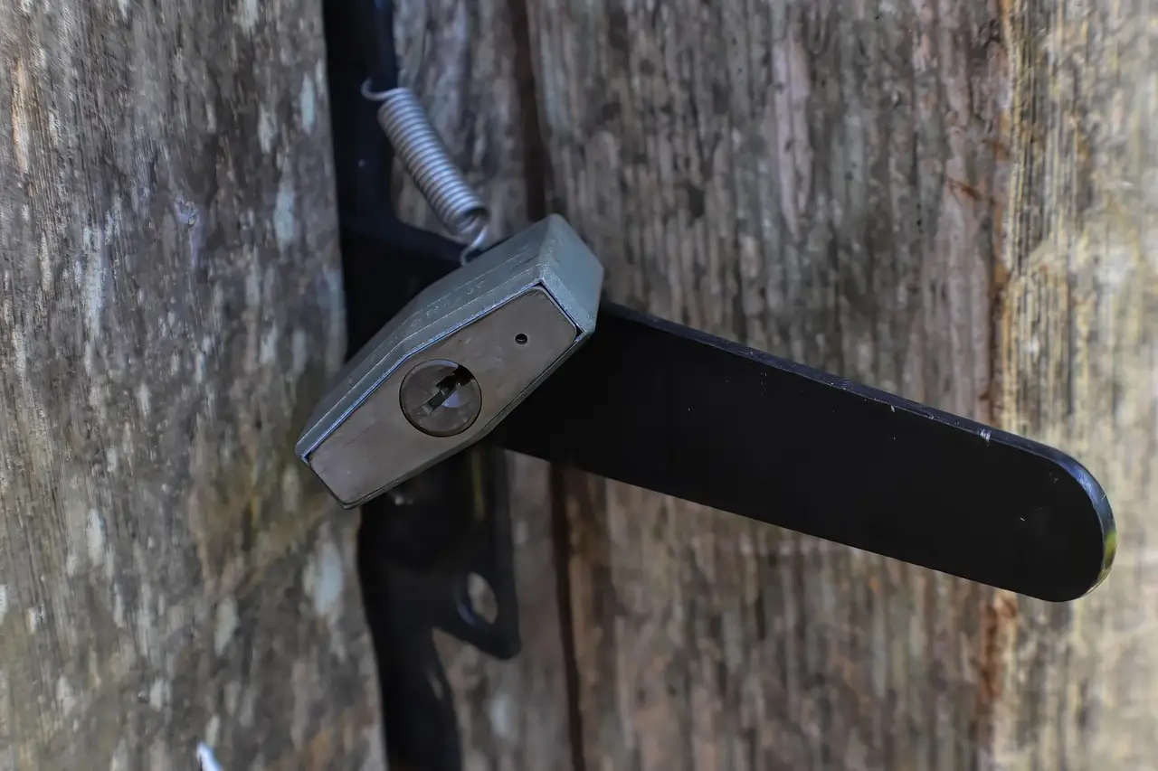 A closed metal padlock